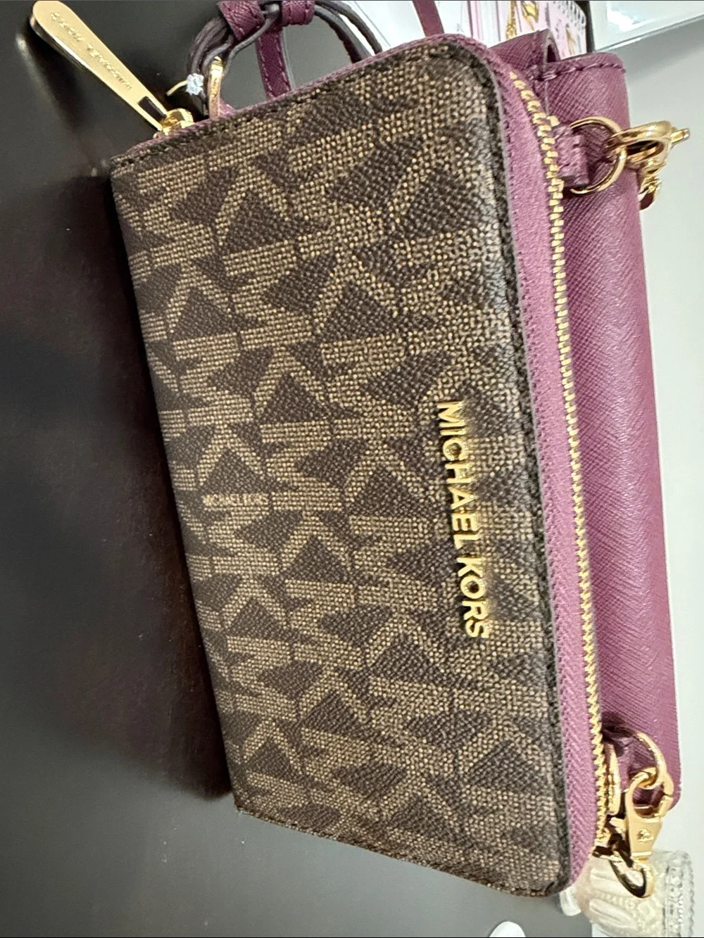 Michael Kors Pink Leather Clutch with Brown Logo Zip Wristlet
